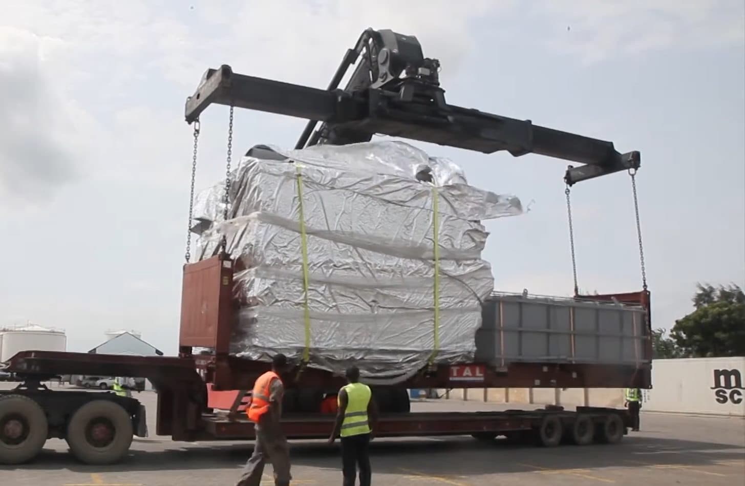 Fabricated steel structures and heavy project cargo staged in the Focus CFS yard at Kipevu.
